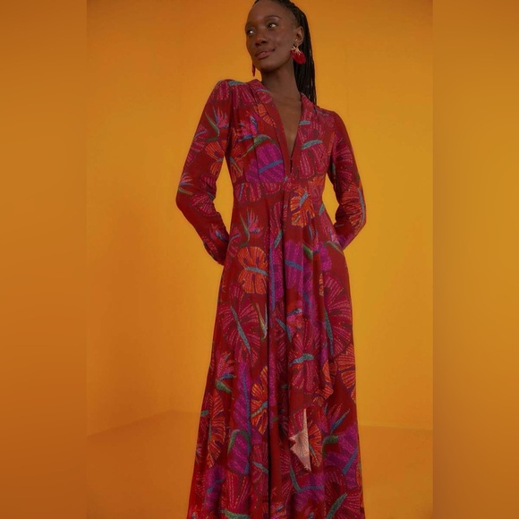 FARM Rio Dresses & Skirts - NWT Farm Rio Red Delicate Leaves Maxi Dress M
